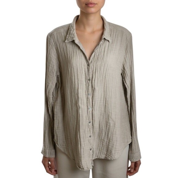 Xirena Scout Gauzy Button-Up Shirt Womens Crinkle Cotton Long Sleeve Large Beige - Picture 1 of 10